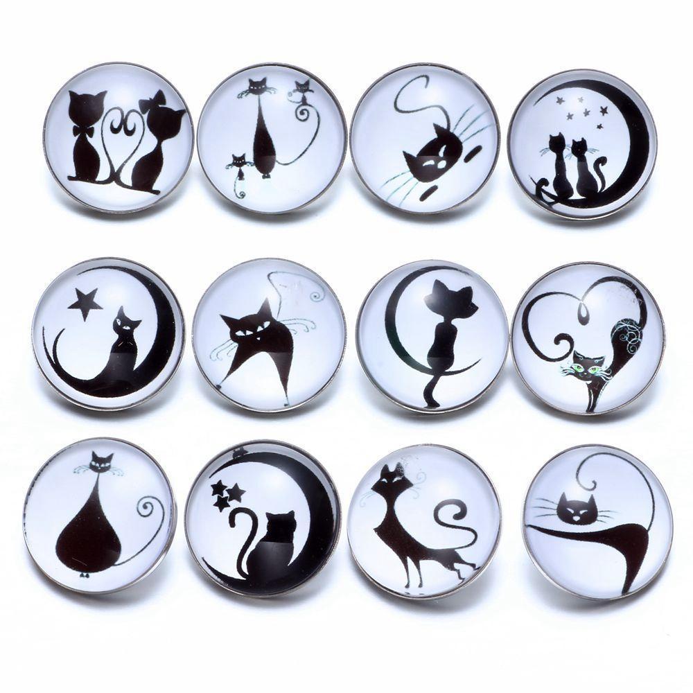 12pcs/lot Black&White Theme Cat Pattern Glass Charms 18mm Snap Button - TigerSo