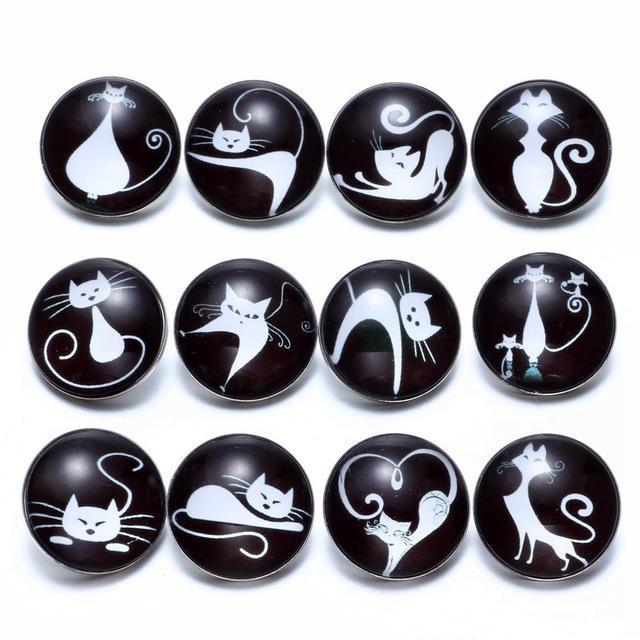 12pcs/lot Black&White Theme Cat Pattern Glass Charms 18mm Snap Button - TigerSo