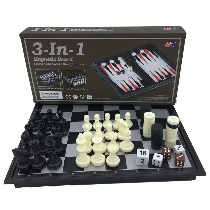Folding Magnetic Board Game Plastic Chess & Checkers & Backgammon 3 in 1